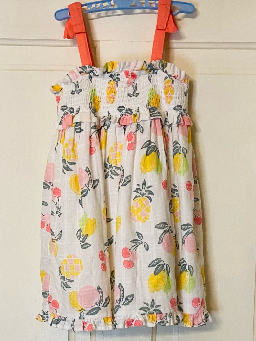 Sigrid Olsen Kids White Sundress with Multicolor Fruit Print and Coral Straps